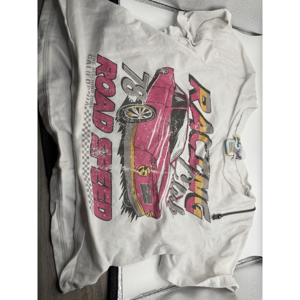 Boho Kids Girls Size 14/16 L Crop Tee White Pink Racing Club Road Speed Graphic